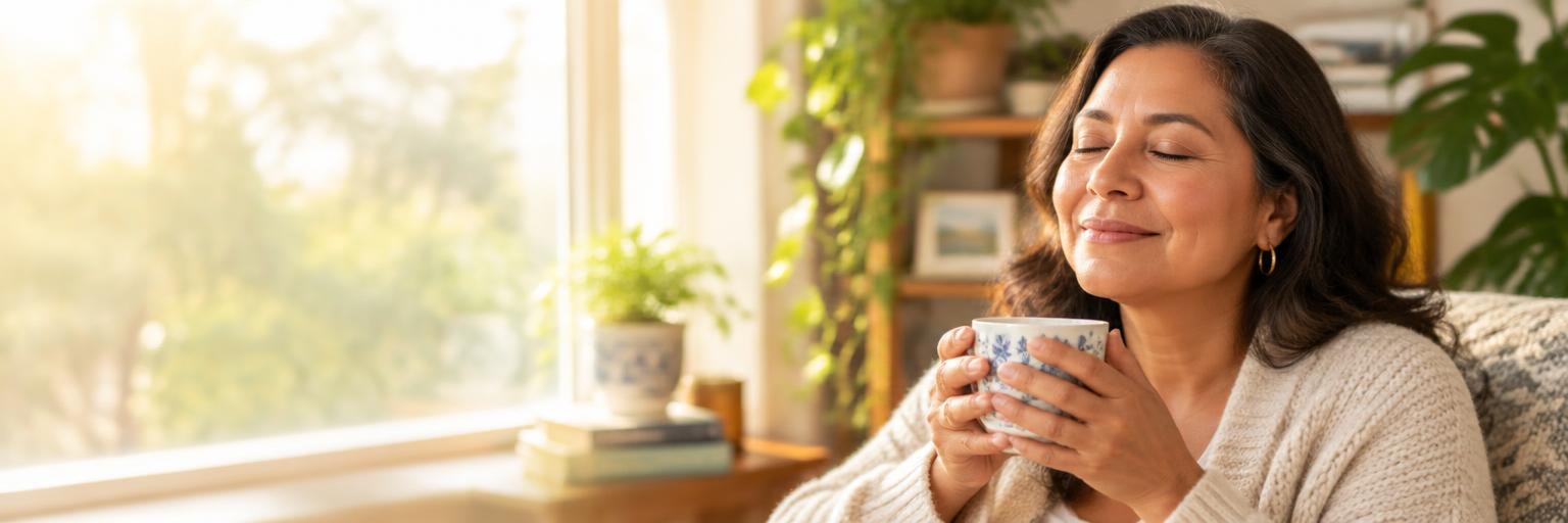 Mujer sonriendo con calma mientras toma una taza de té