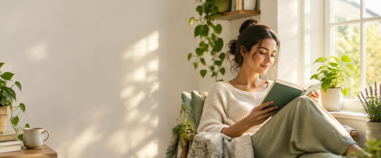 Mujer leyendo con calma junto a una ventana iluminada