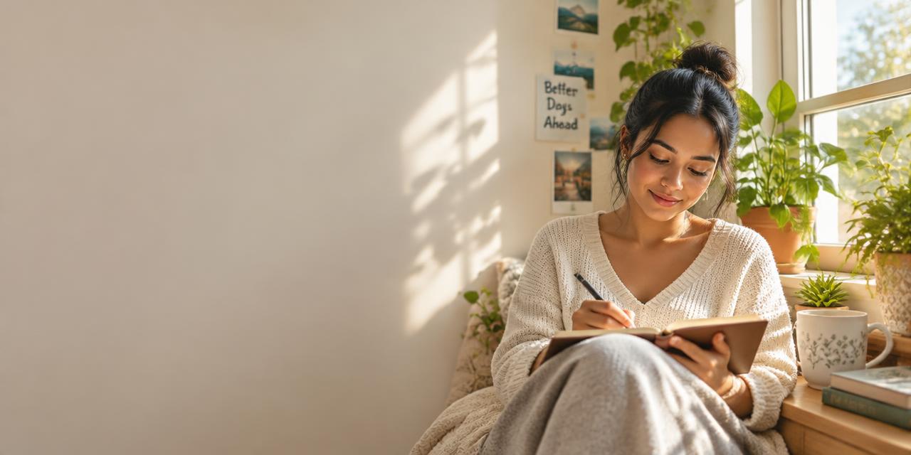Mujer escribiendo en su diario junto a una ventana soleada